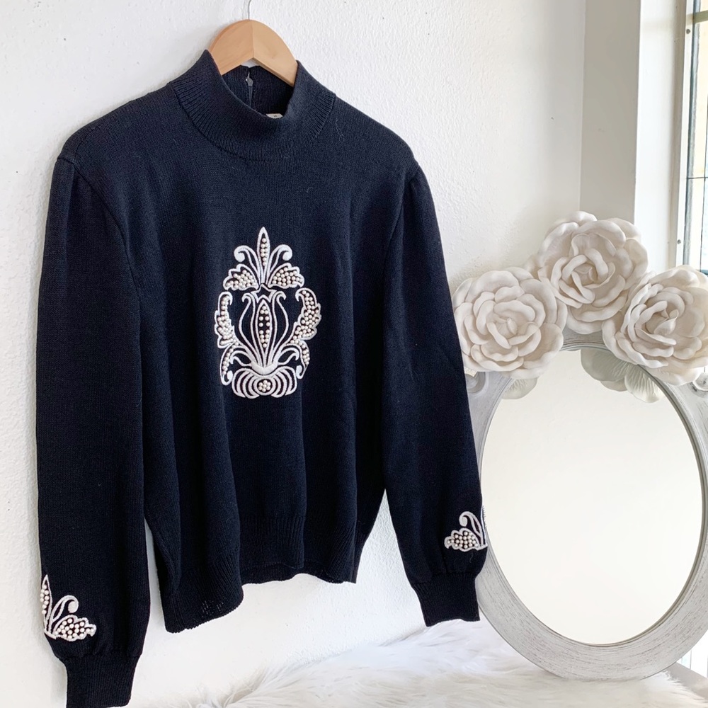 St.John Black Mock Turtleneck Beaded Detail